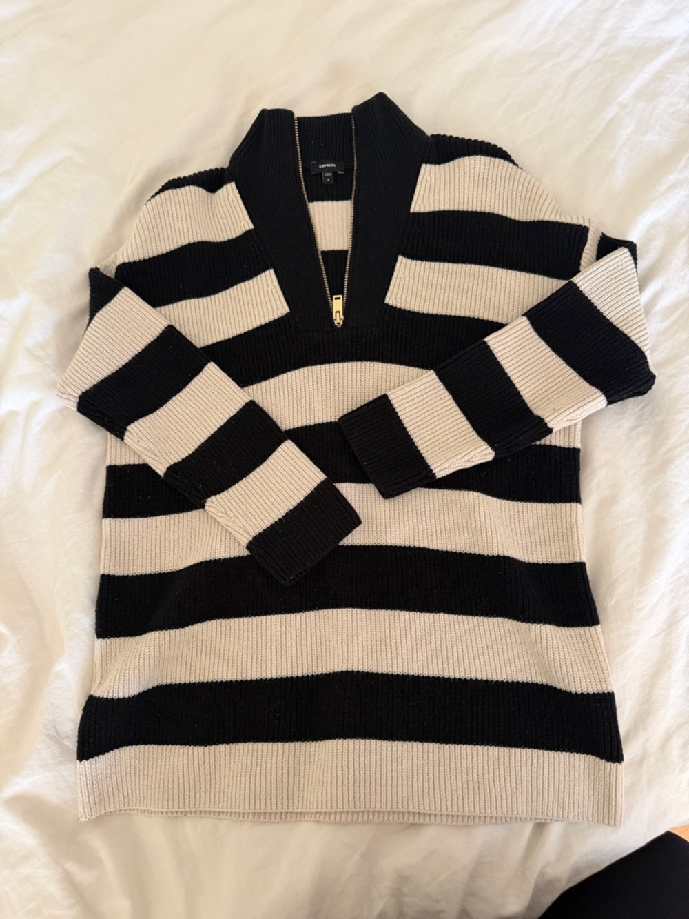 Express Black and Cream Striped Half-Zip Turtleneck Sweater